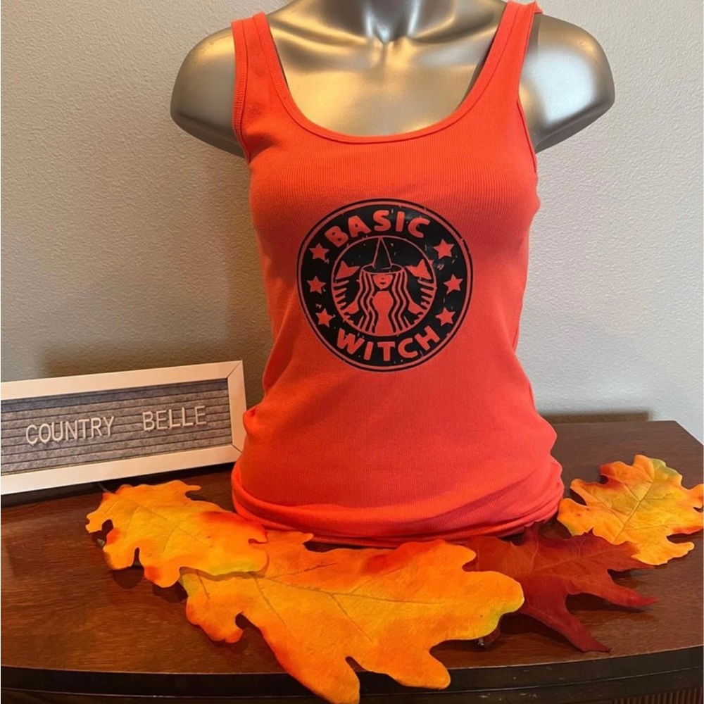 Basic Witch Halloween Tank Top Starbucks Logo Orange Black